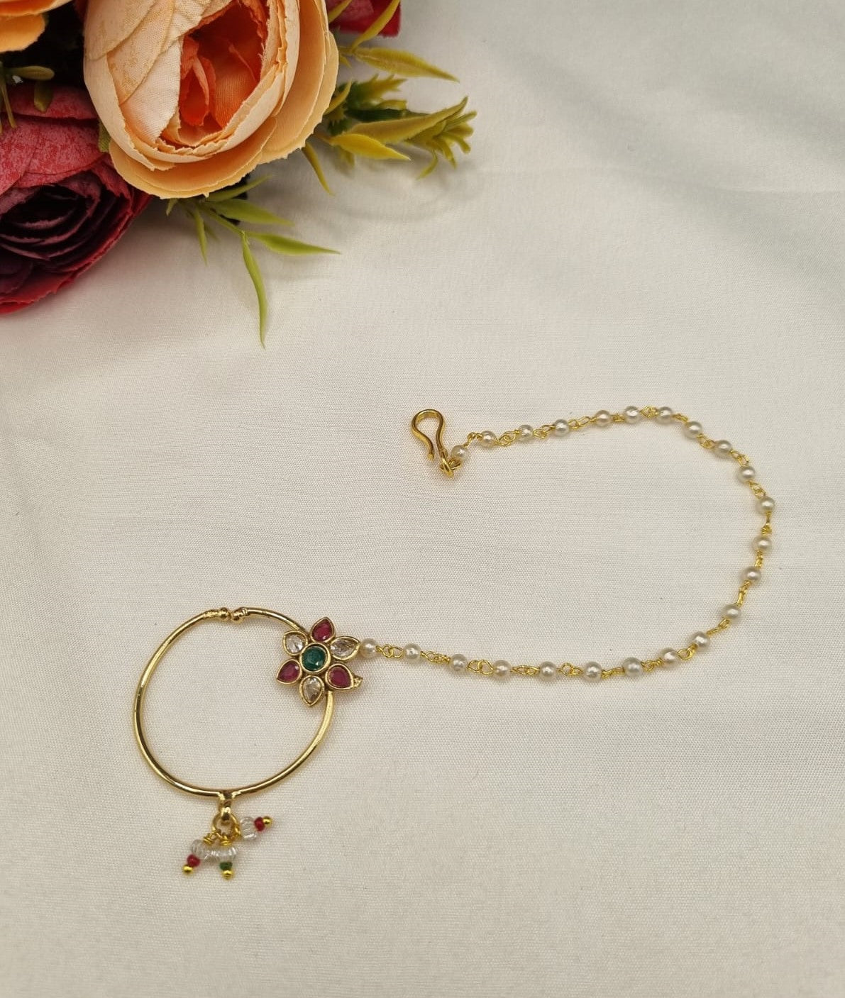 Classic Nose Ring Nathiya with Pearl Chain & Tiny Drops