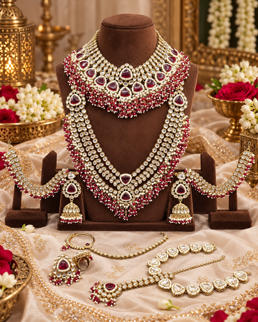 Complete Bridal Kundan Jewelry Set with Choker, Rani Haar, Matha Patti & Accessories