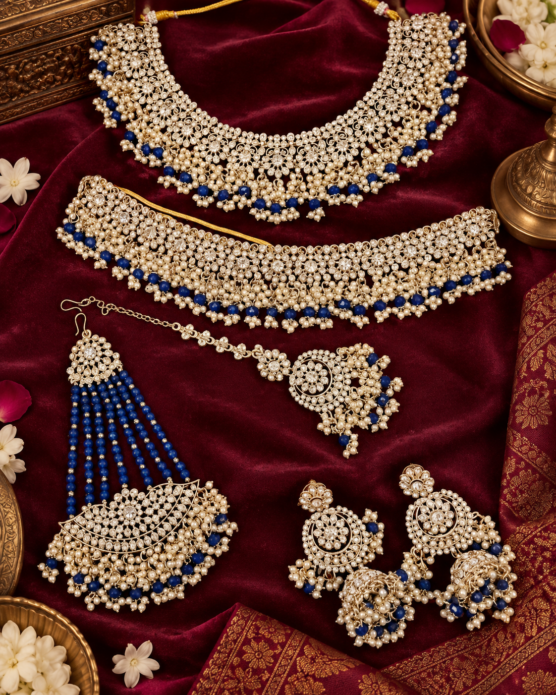 Shadaw Stone Bridal Jewelry Set Choker Necklace, Earring, Maang Tikka & Passa For Woman
