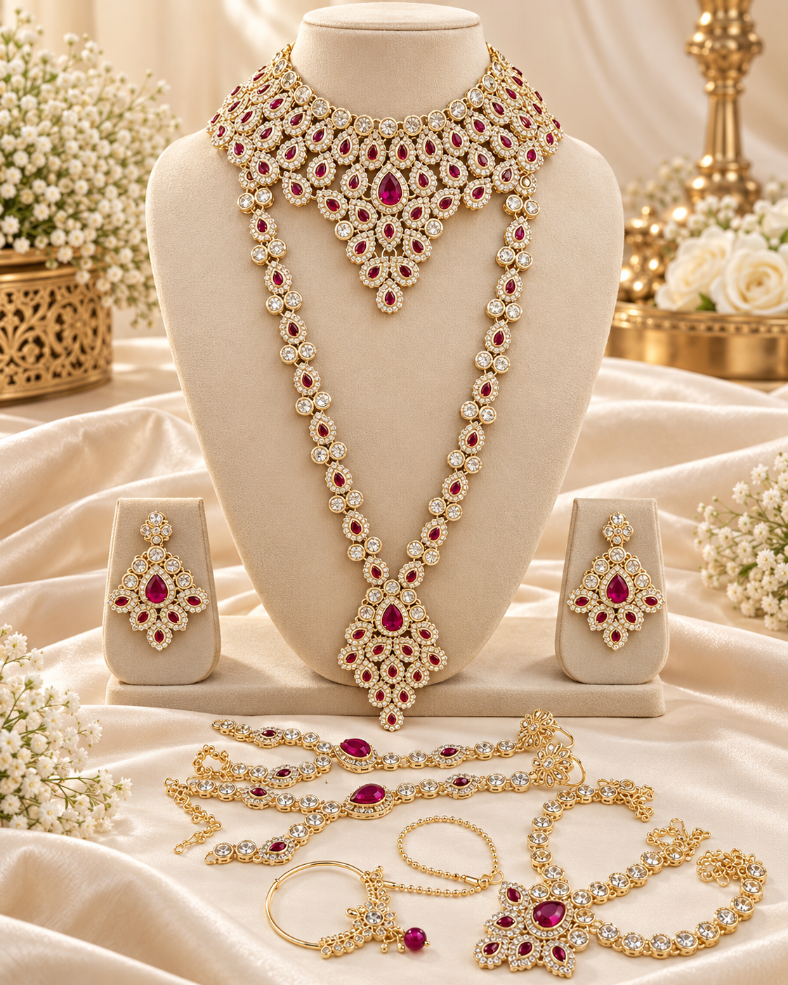 Grand Stone-Studded Bridal Choker, Rani Haar & Complete Accessory Set