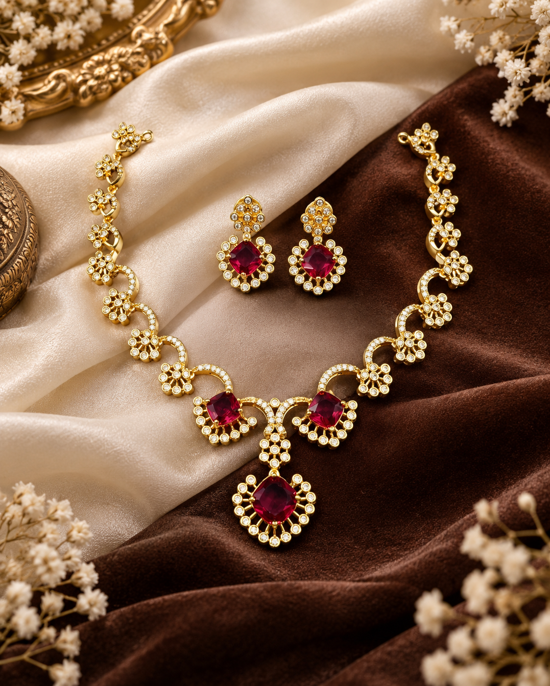 Elegant Gold-Tone Swirling Floral AD Necklace Set
