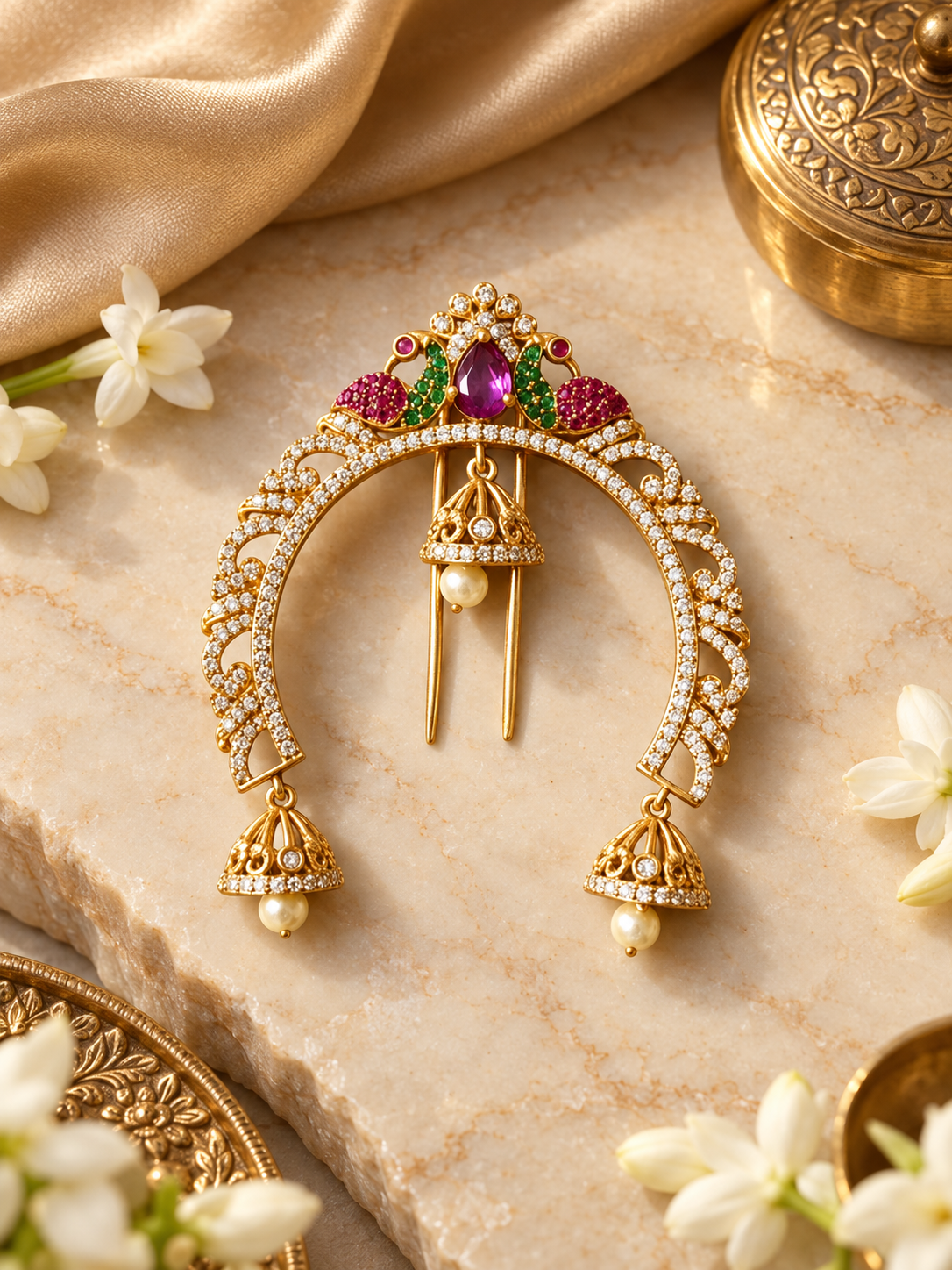 Temple Ruby & Emerald Peacock Hair Brooch