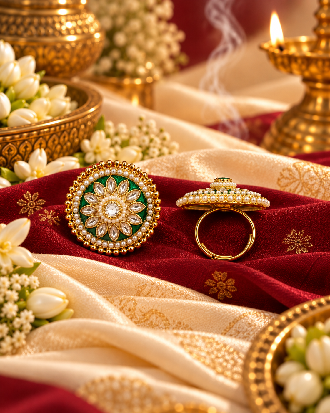 Floral Motif Meenakari Statement Ring with Pearl Border