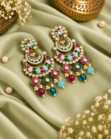 Royal Chandbali Statement Earrings with Meenakari & Pearl Drops