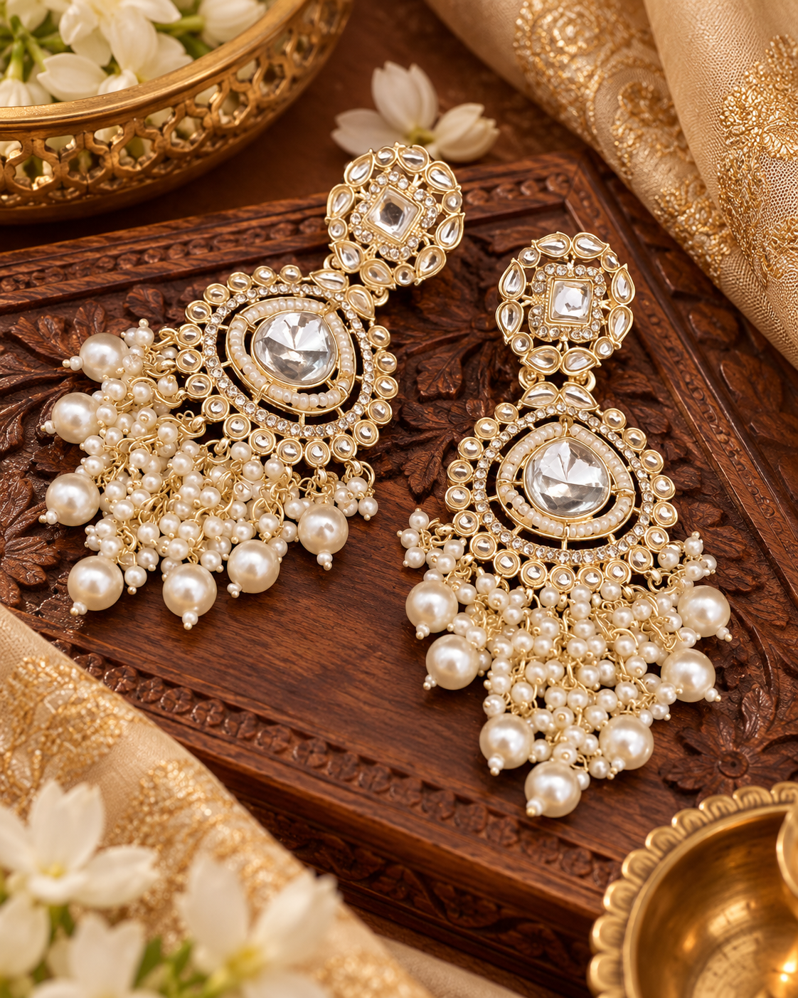 Royal White Kundan Encrusted Pearl Drop Earrings looking for specific wedding