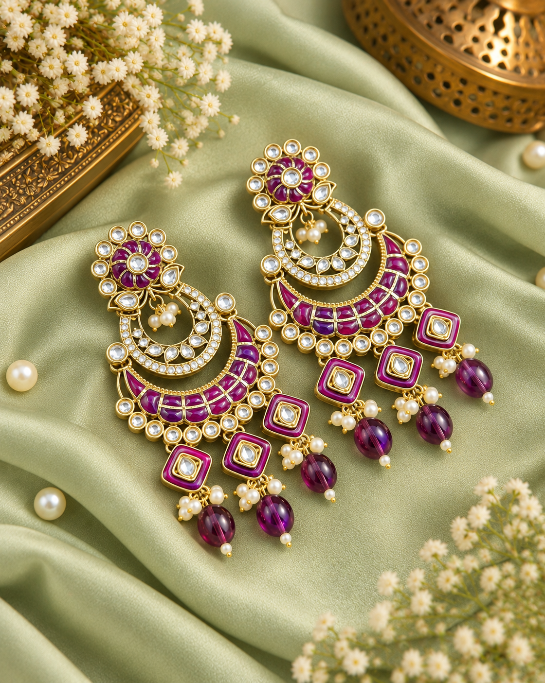 Royal Chandbali Statement Earrings with Meenakari & Pearl Drops
