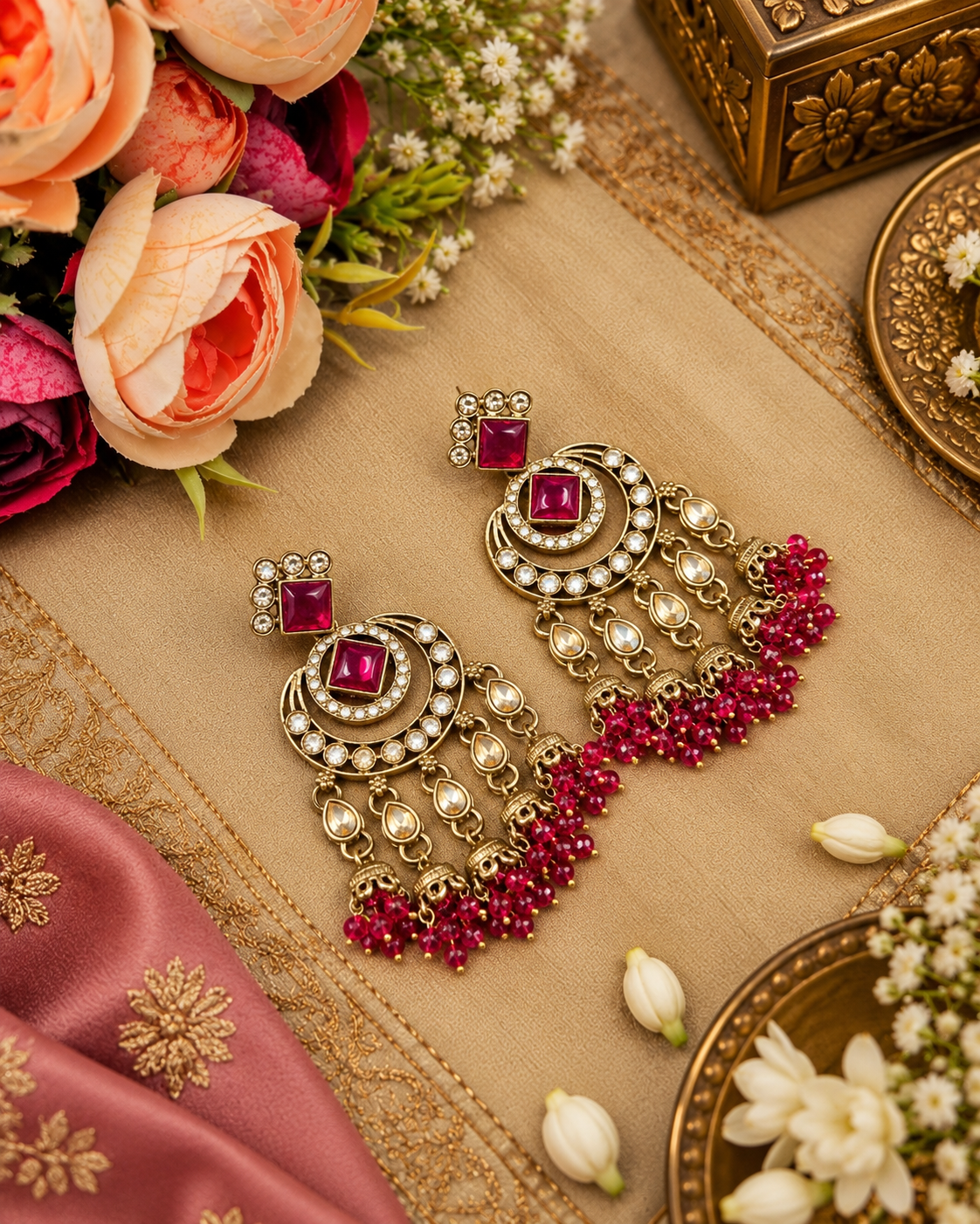 GEOMETRIC STONE-STUDDED CHANDBALI STATEMENT EARRINGS
