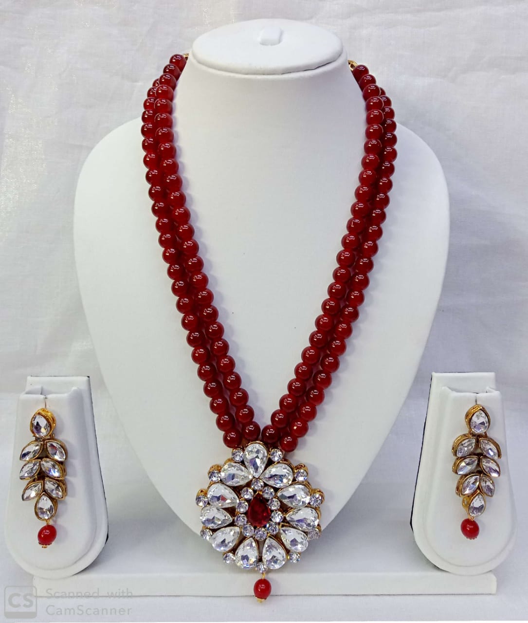 Double Layer Beaded Necklace Set with Stone Studded Pendant & Matching Earrings