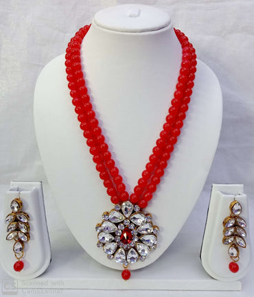 Double Layer Beaded Necklace Set with Stone Studded Pendant & Matching Earrings – Traditional Jewellery
