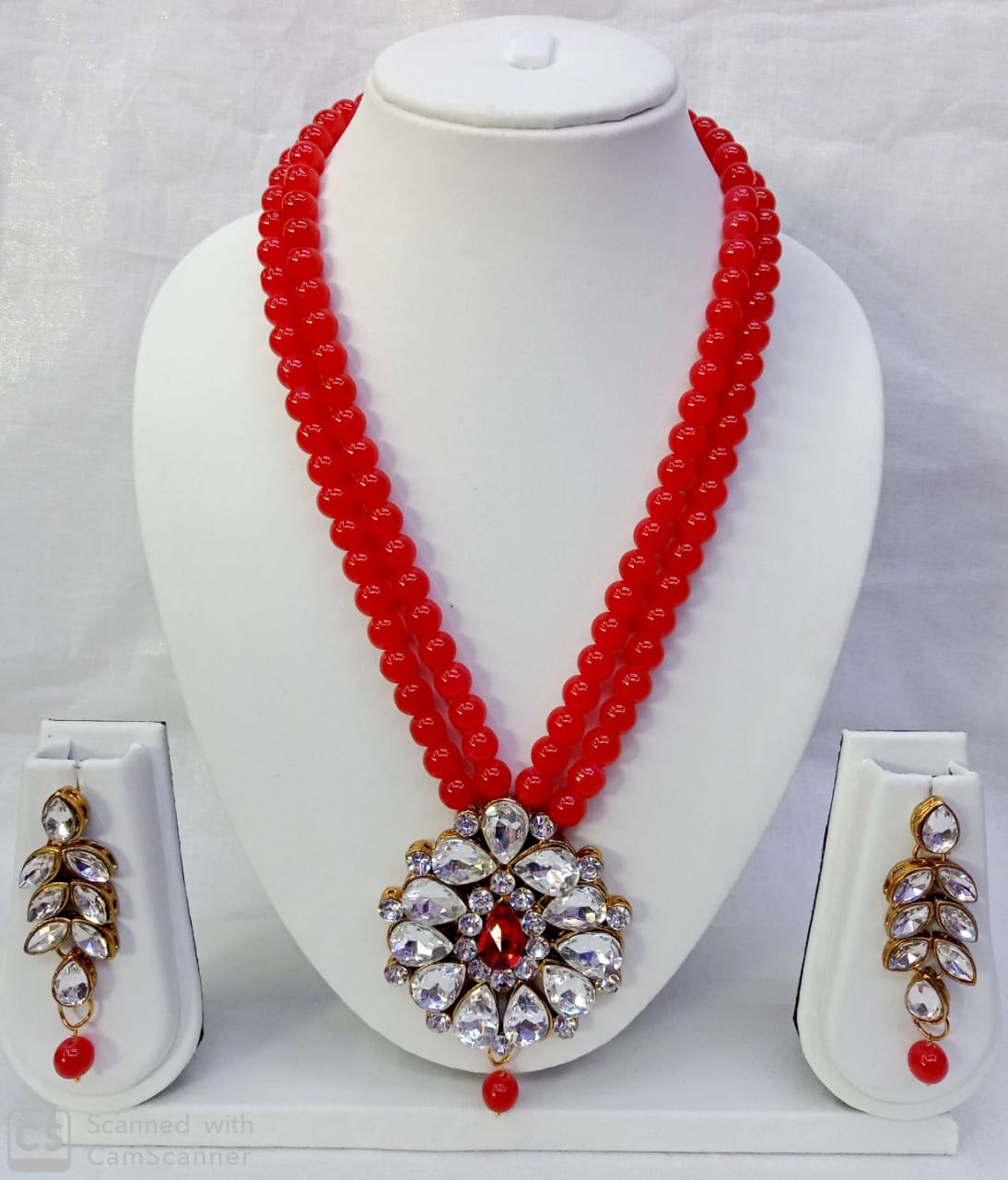 Double Layer Beaded Necklace Set with Stone Studded Pendant & Matching Earrings – Traditional Jewellery
