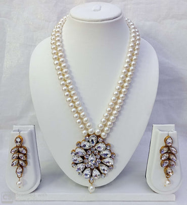 Double Layer Beaded Necklace Set with Stone Studded Pendant & Matching Earrings – Traditional Jewellery