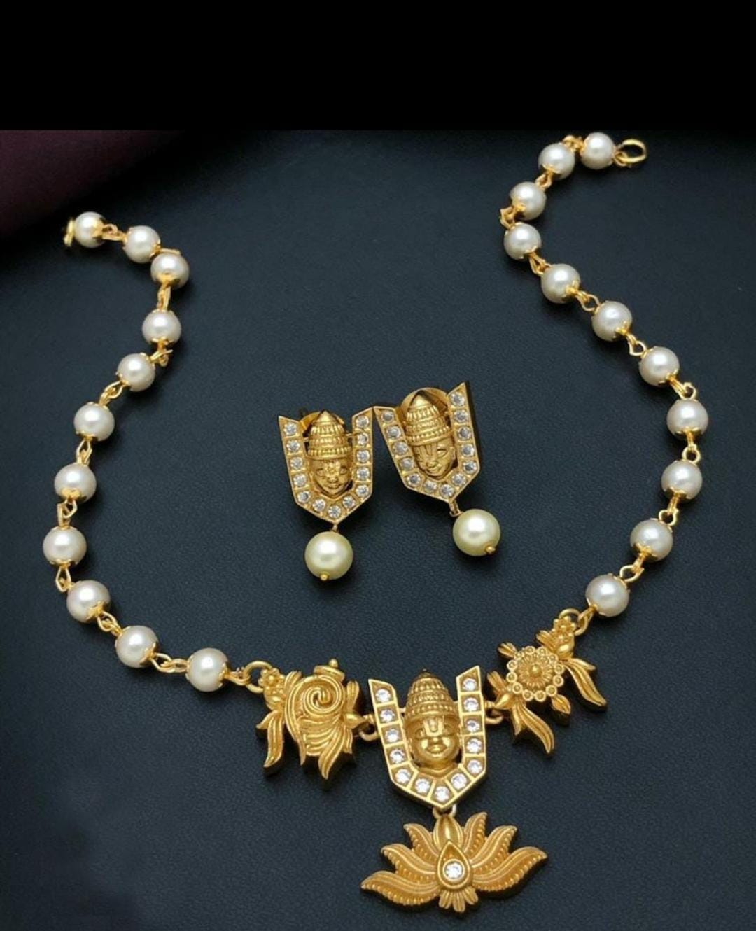 Divine Lord Balaji Temple Pendant with Pearl Mala & Matching Earrings