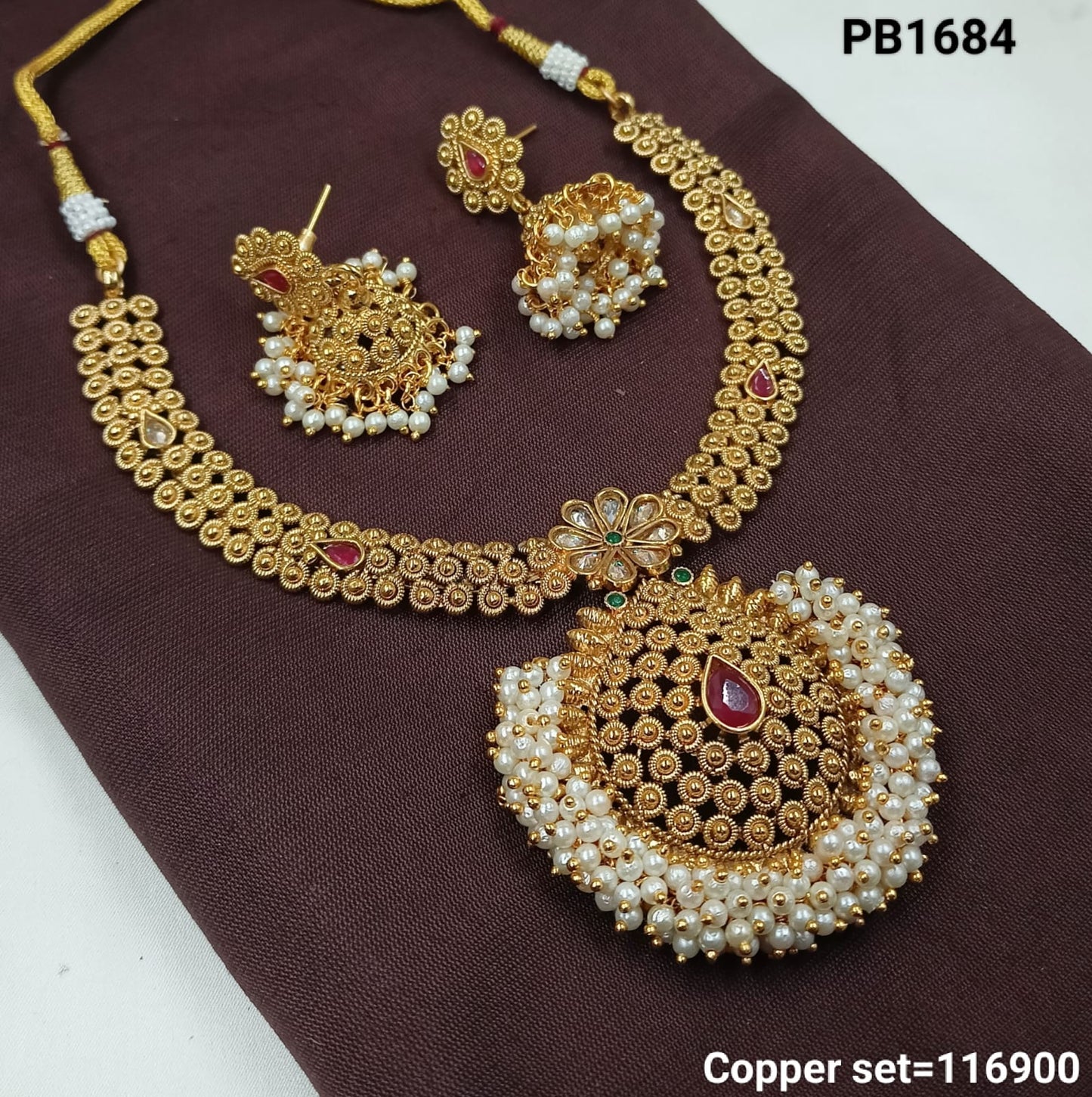 Royal Temple-Style Copper Necklace Set with Pearl Embellishments