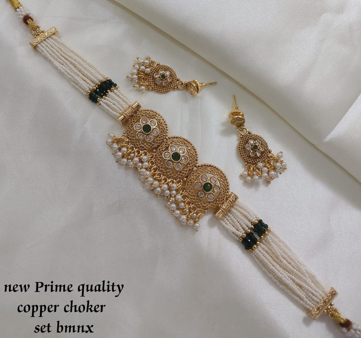 Traditional Copper Choker Necklace Set with Pearl Detailing