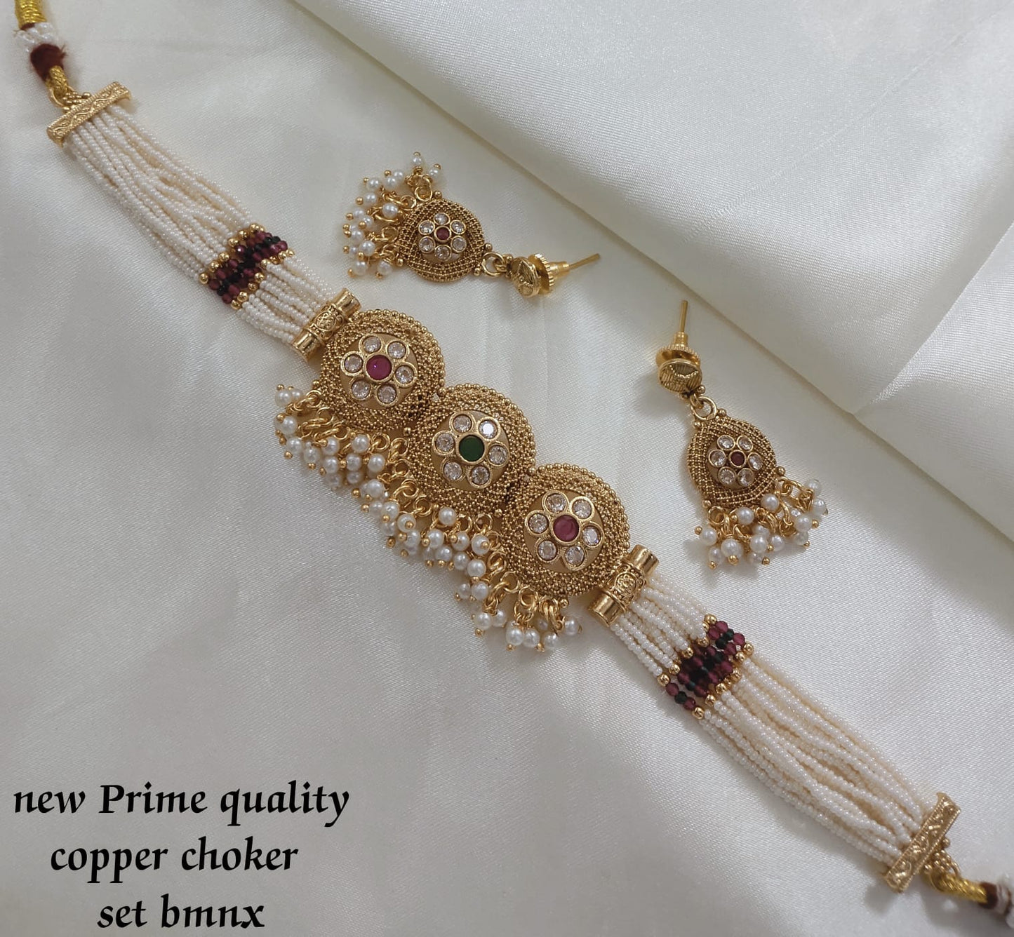 Traditional Copper Choker Necklace Set with Pearl Detailing