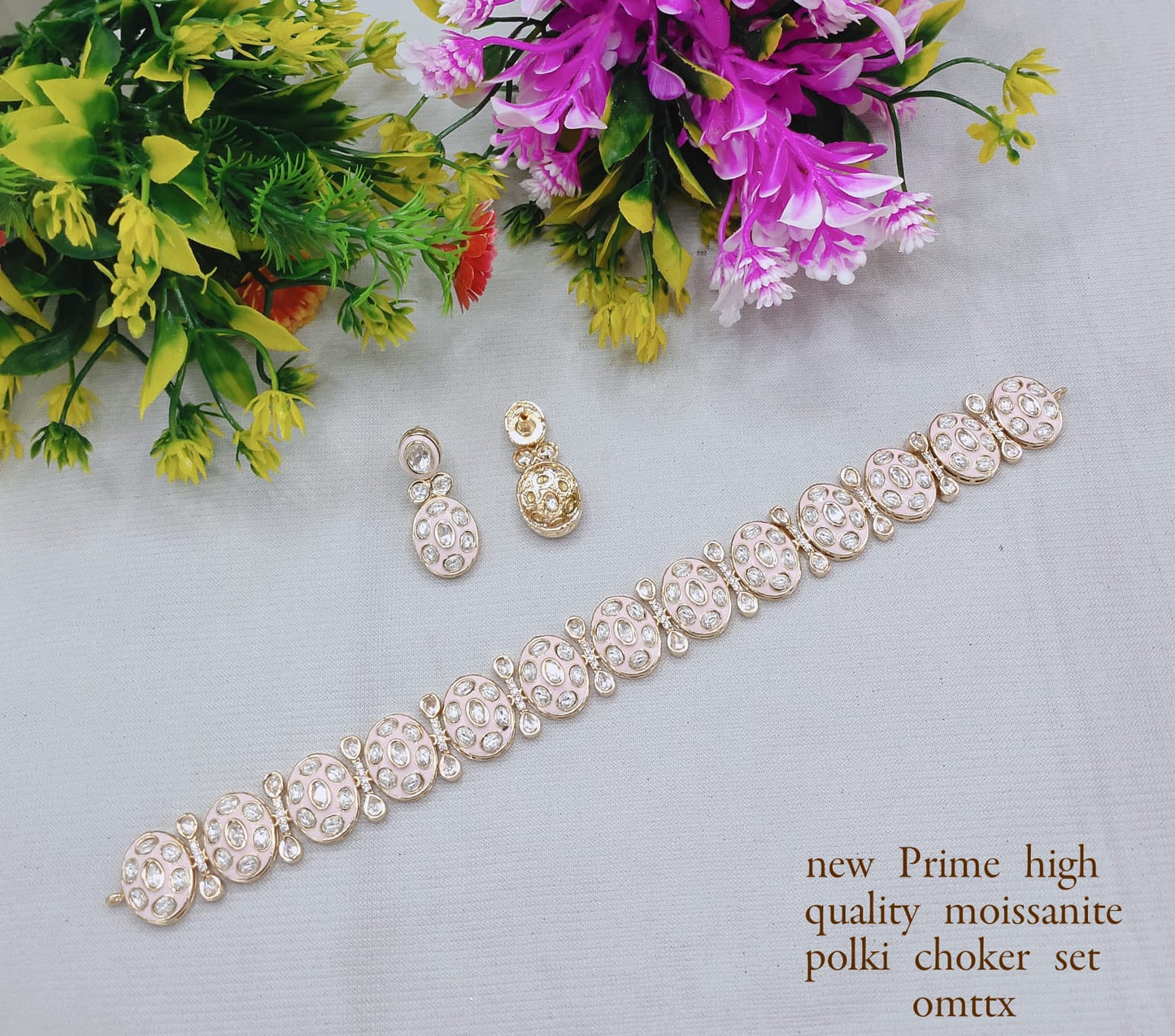 Premium Moissanite Polki Choker & Earring Set – Handcrafted Copper Base Jewelry
