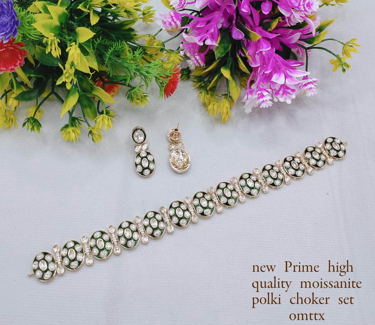 Premium Moissanite Polki Choker & Earring Set – Handcrafted Copper Base Jewelry