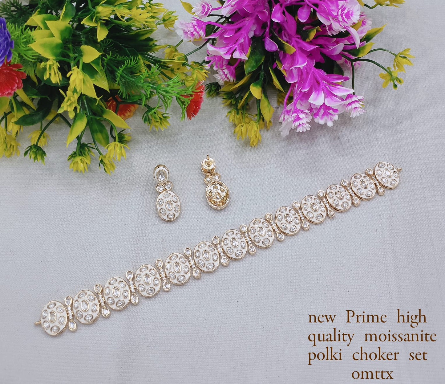 Premium Moissanite Polki Choker & Earring Set – Handcrafted Copper Base Jewelry