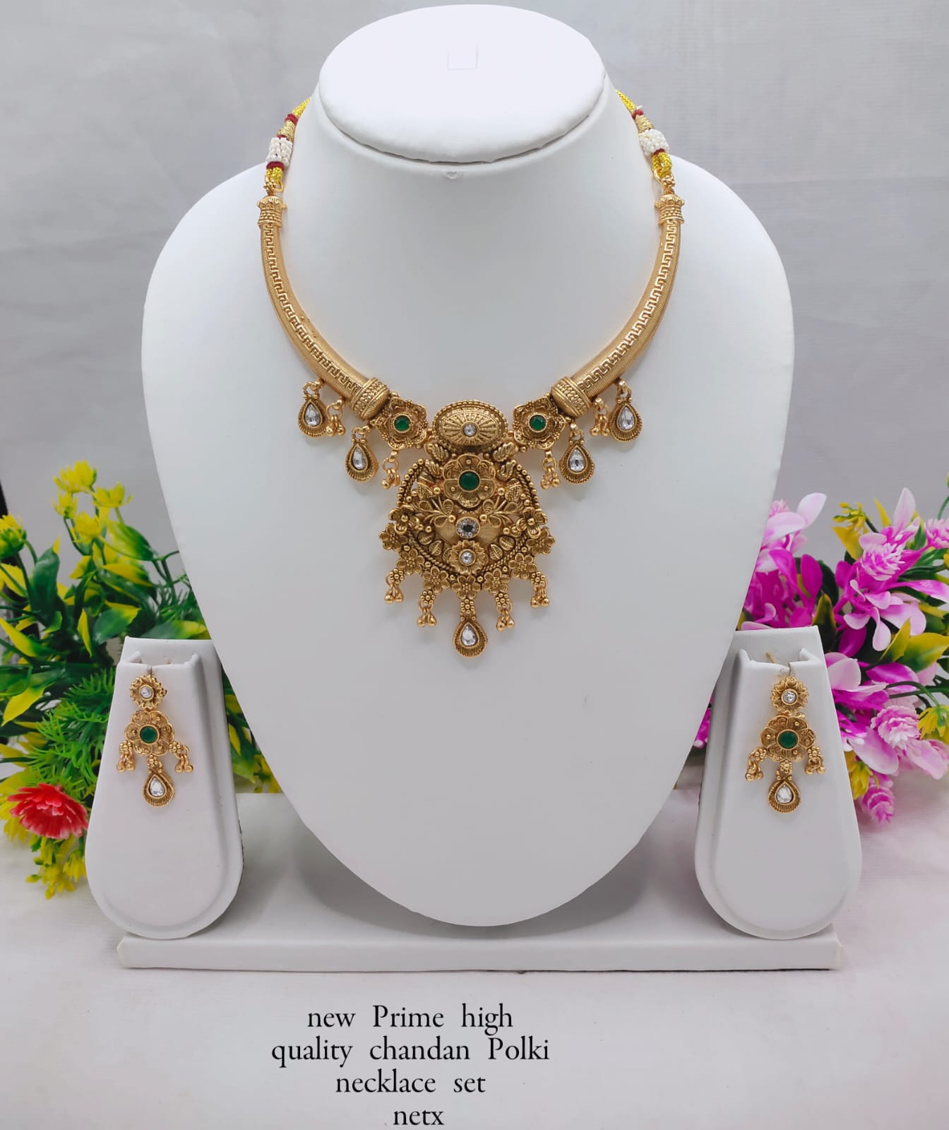 Chandan Polki Necklace Set with Earrings – Premium Traditional Jewelry