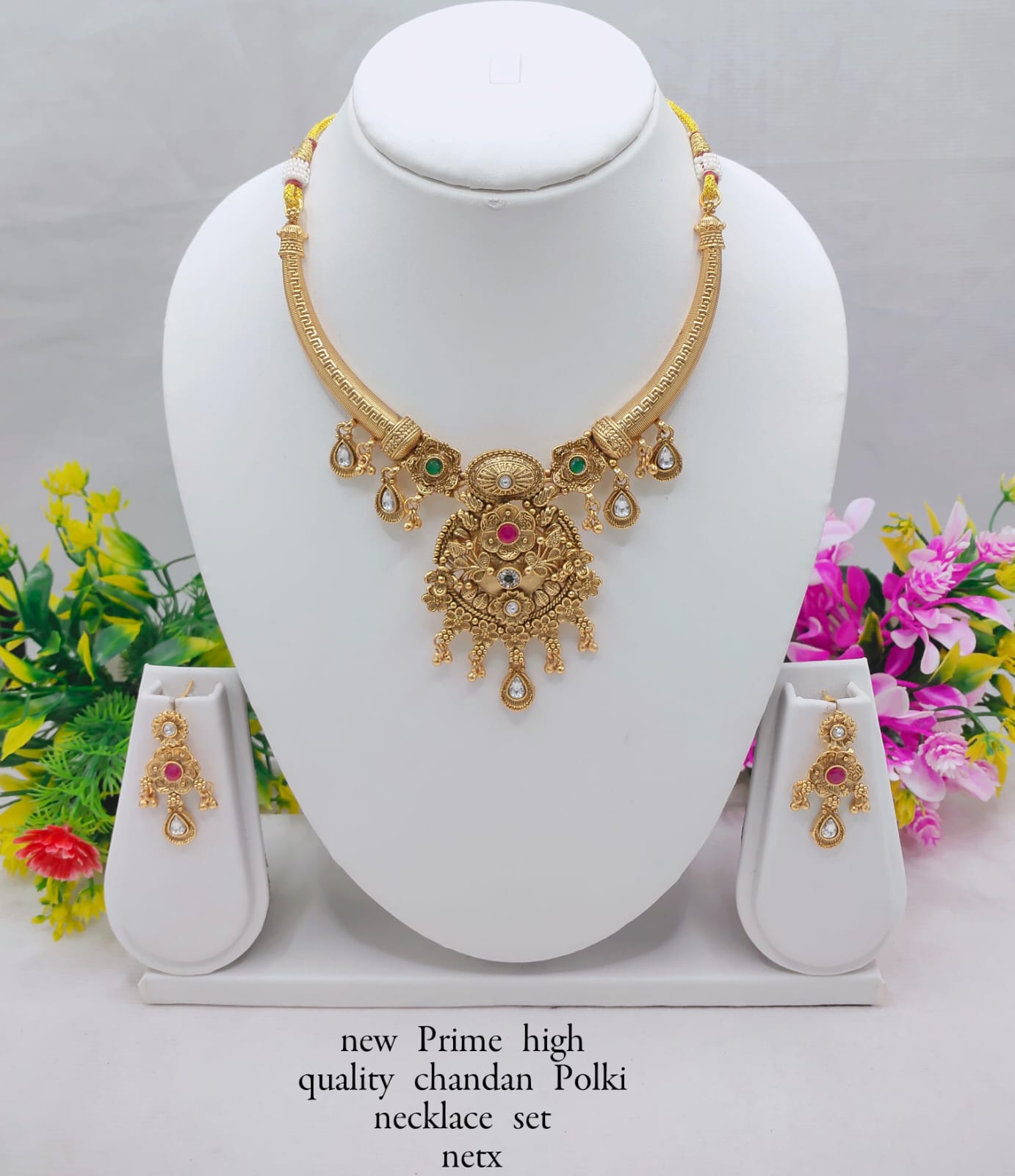 Chandan Polki Necklace Set with Earrings – Premium Traditional Jewelry