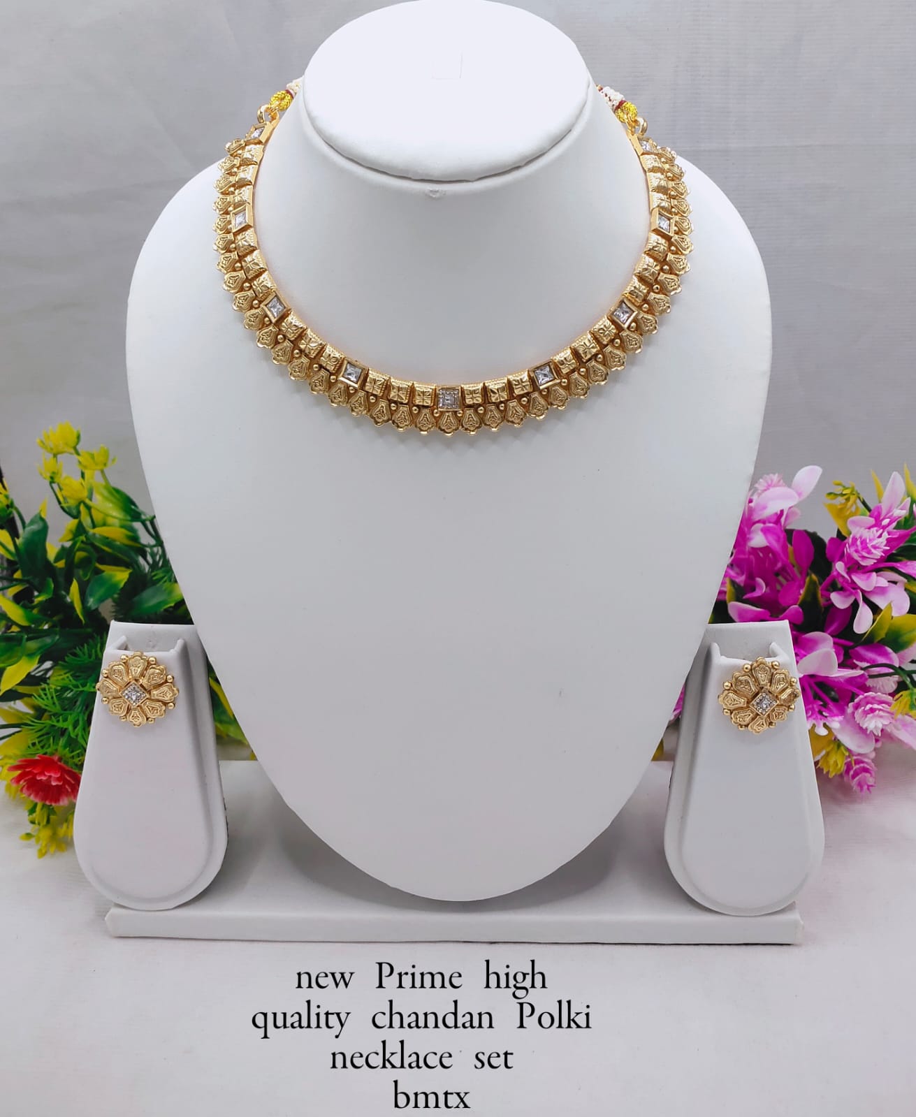 Premium Copper Chandan Polki Necklace Set with Stud Earrings – Traditional Ethnic Jewelry