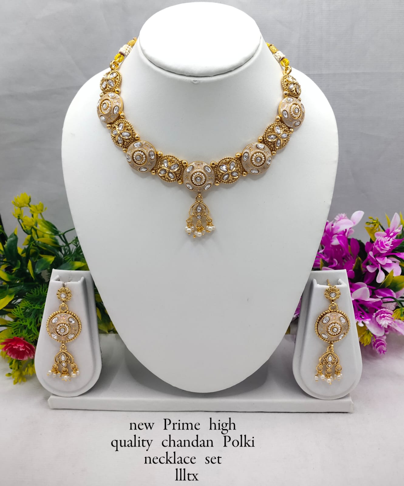 Traditional Chandan Polki Necklace Set with Jhumka Earrings – Premium Copper Finish
