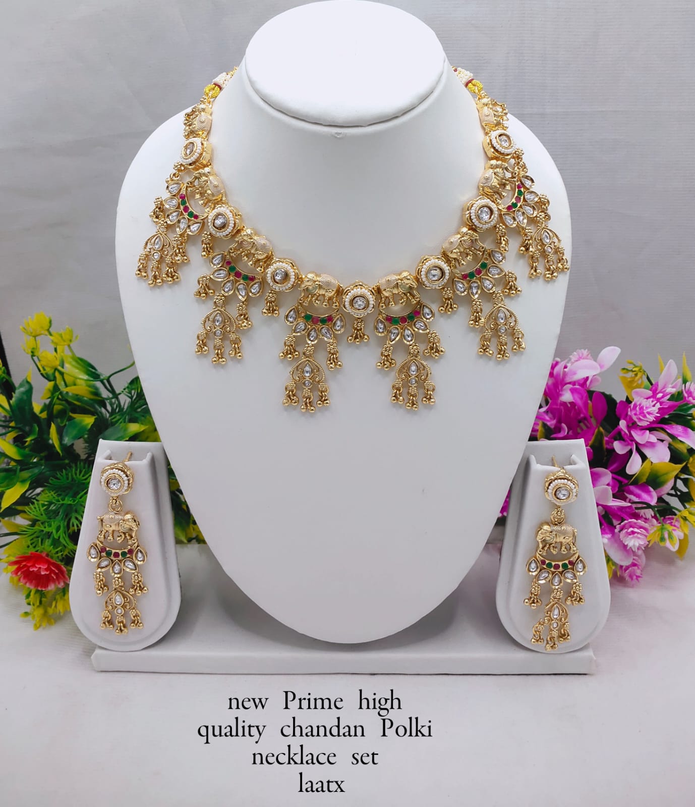 Heavy Bridal Chandan Polki Necklace Set with Multi Jhumka Design – Copper Finish