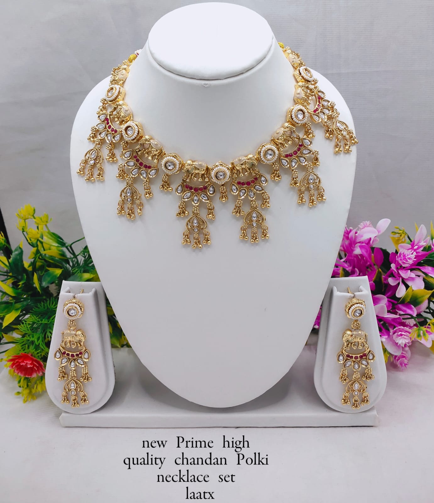 Heavy Bridal Chandan Polki Necklace Set with Multi Jhumka Design – Copper Finish