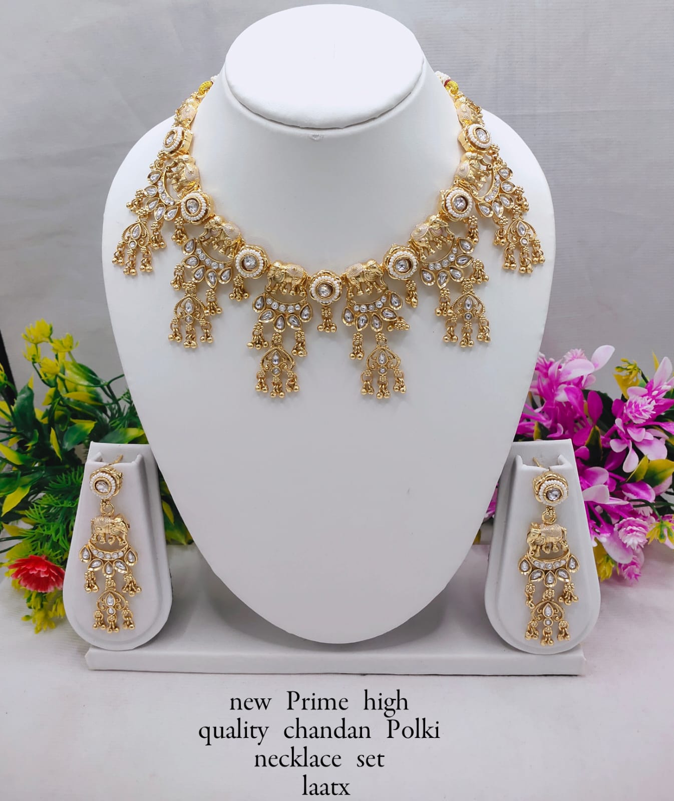 Heavy Bridal Chandan Polki Necklace Set with Multi Jhumka Design – Copper Finish