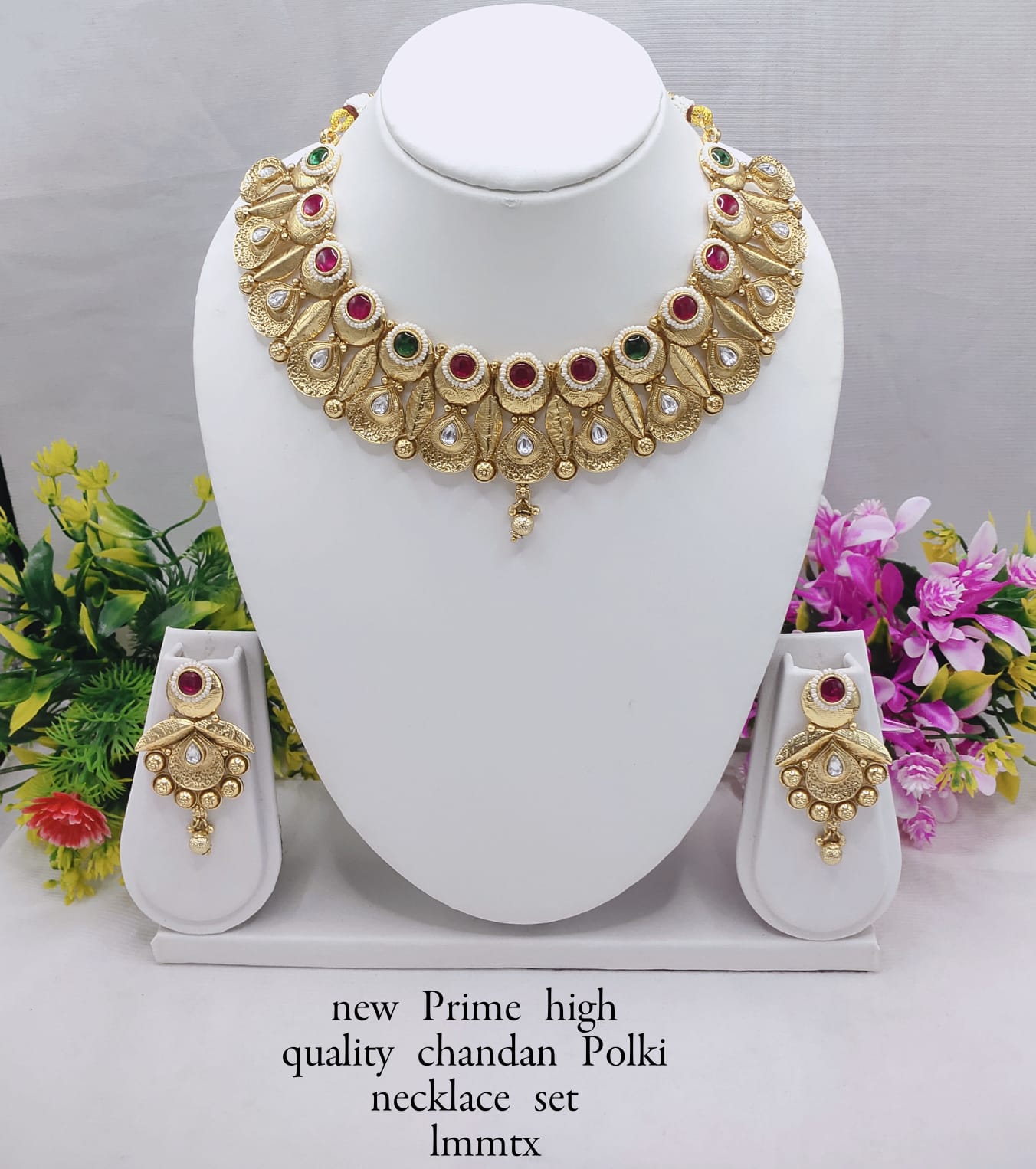 Premium Chandan Polki Necklace Set with Earrings – Bridal & Festive Jewelry