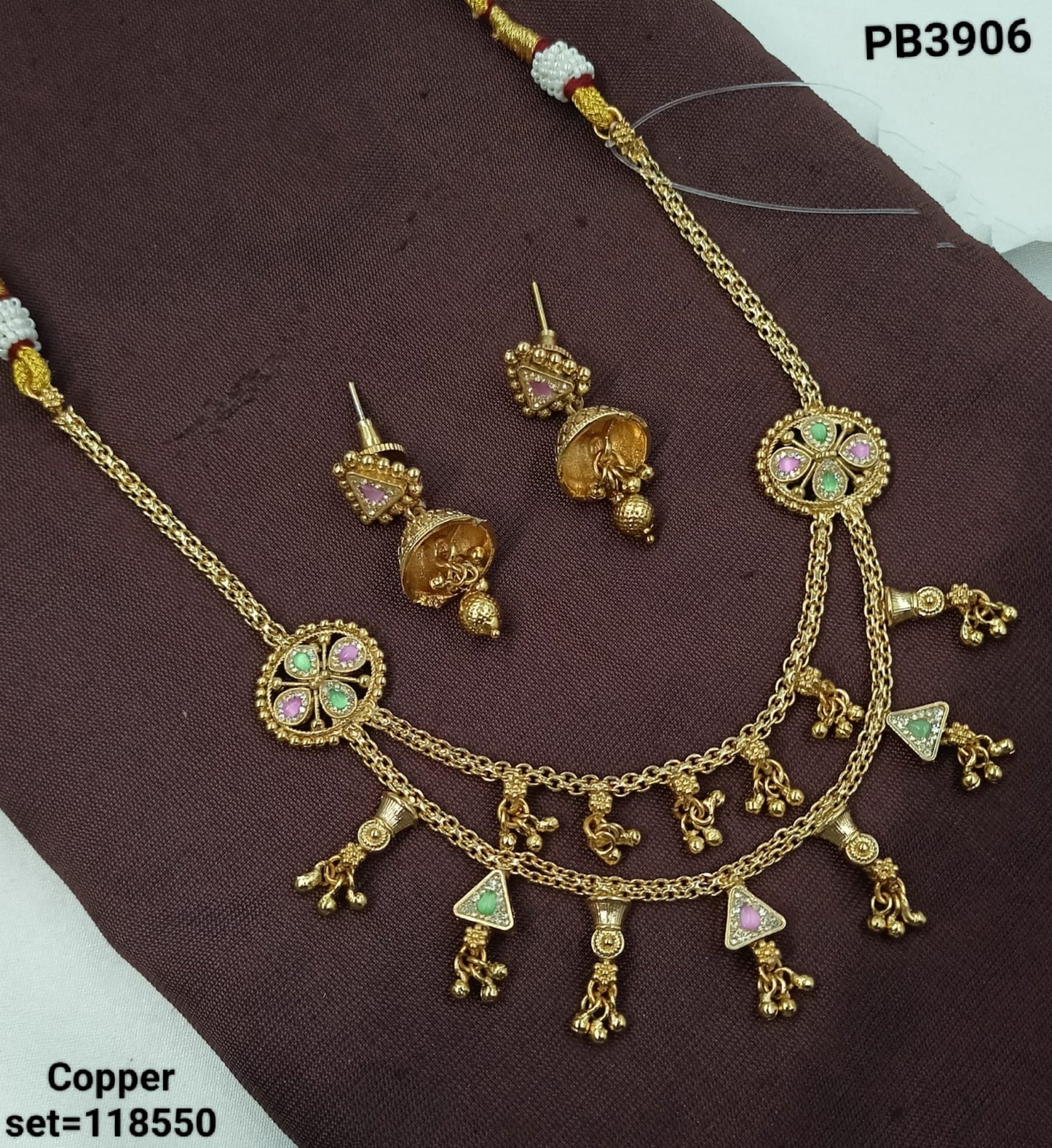 Traditional Gold-Plated Copper Necklace Set with Jhumka Earrings