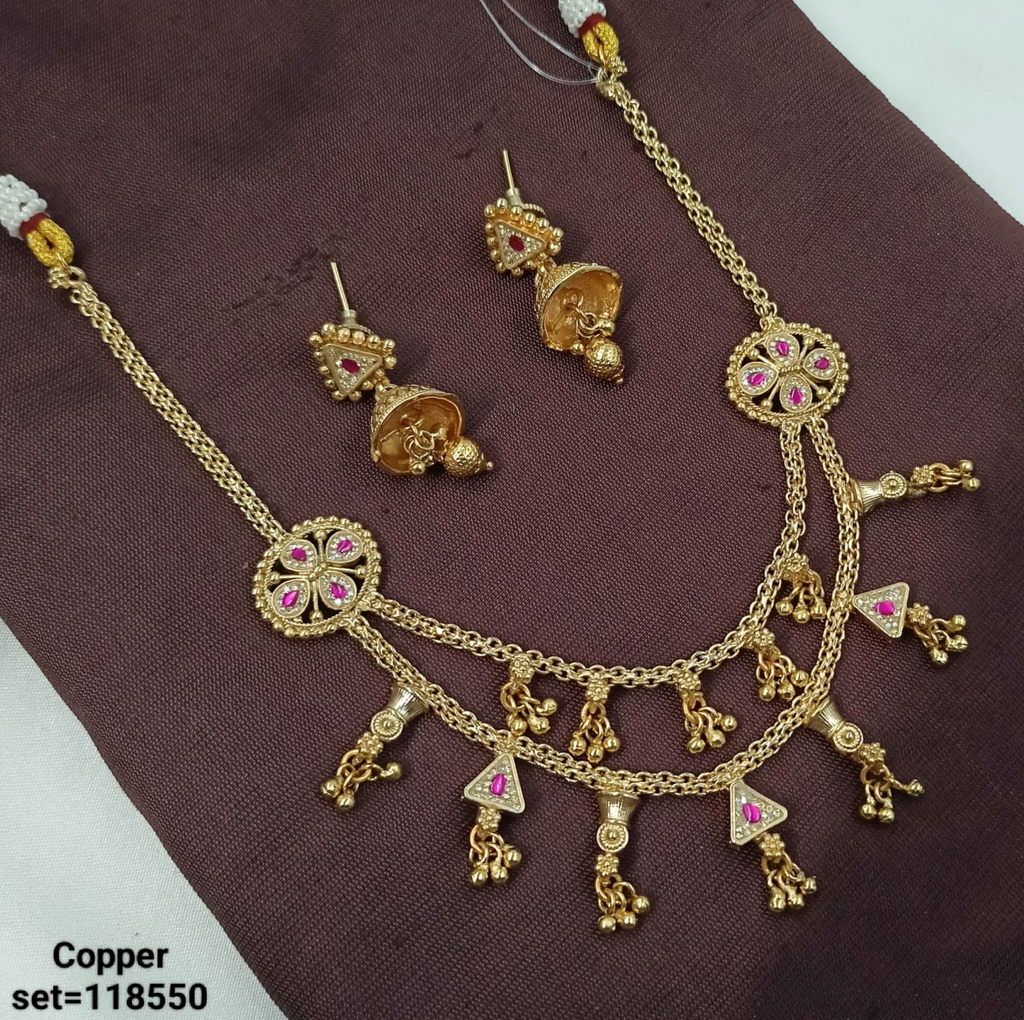 Traditional Gold-Plated Copper Necklace Set with Jhumka Earrings