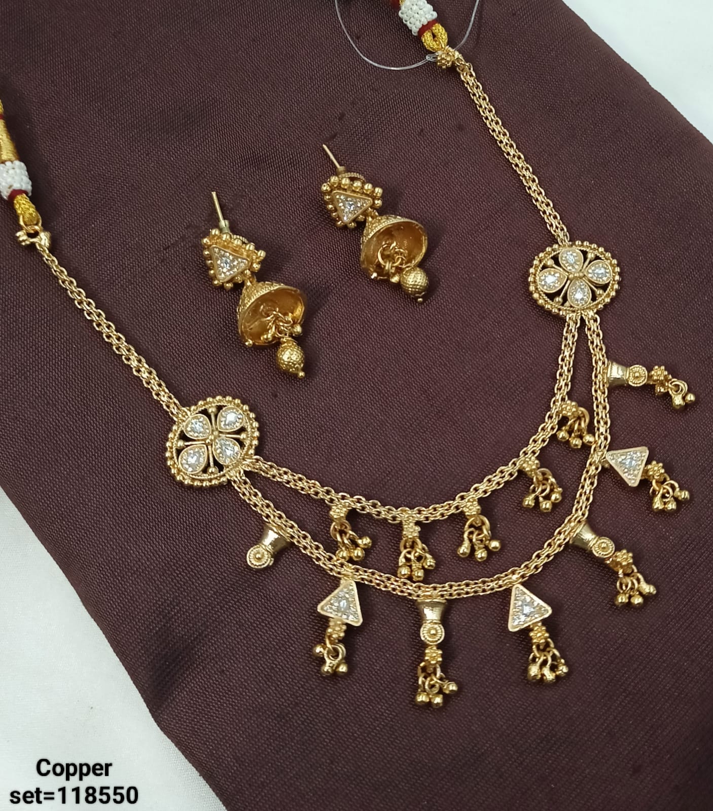 Traditional Gold-Plated Copper Necklace Set with Jhumka Earrings