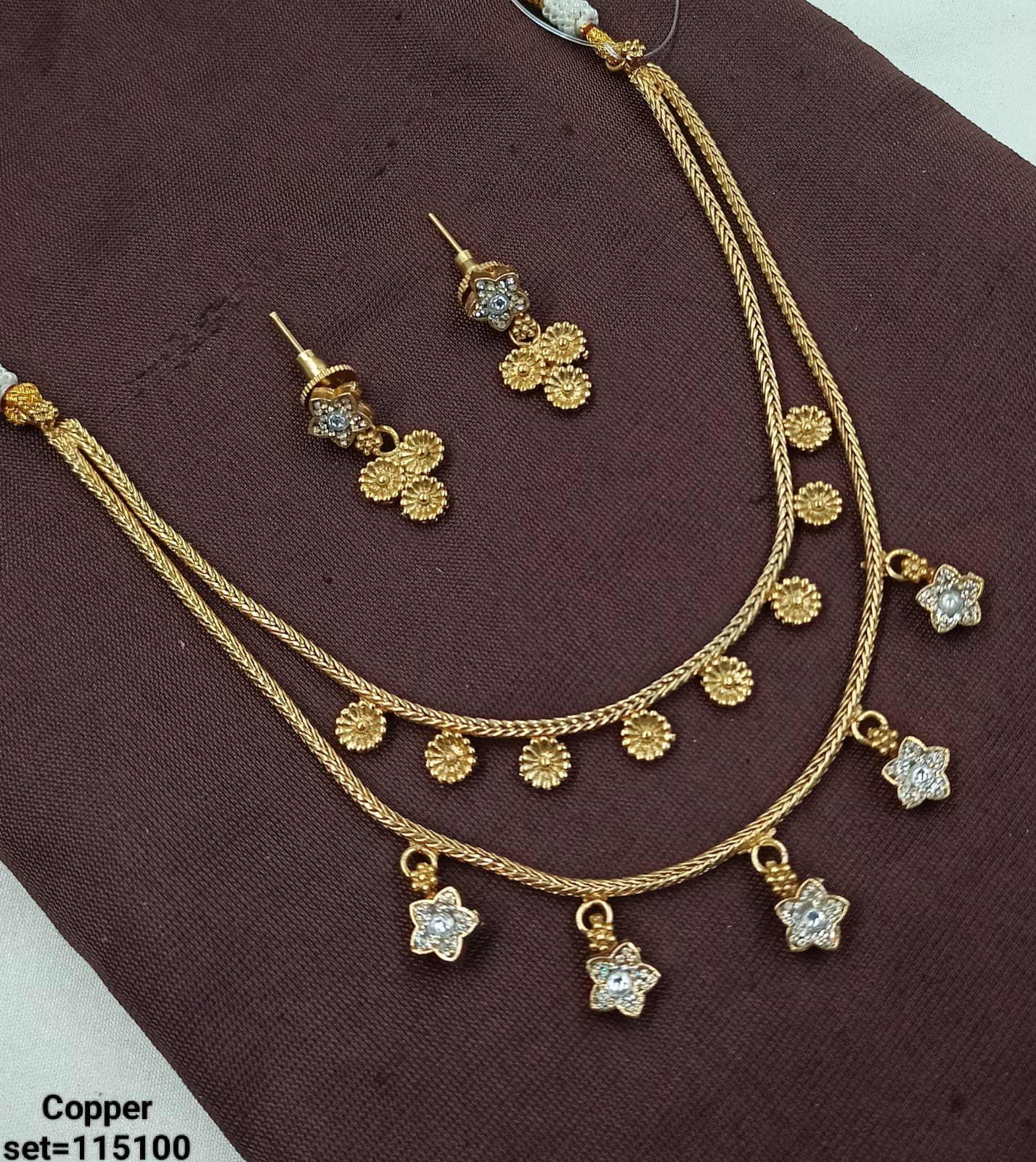 Traditional Gold-Plated Copper Necklace Set with Floral Dangling Charms and Earrings