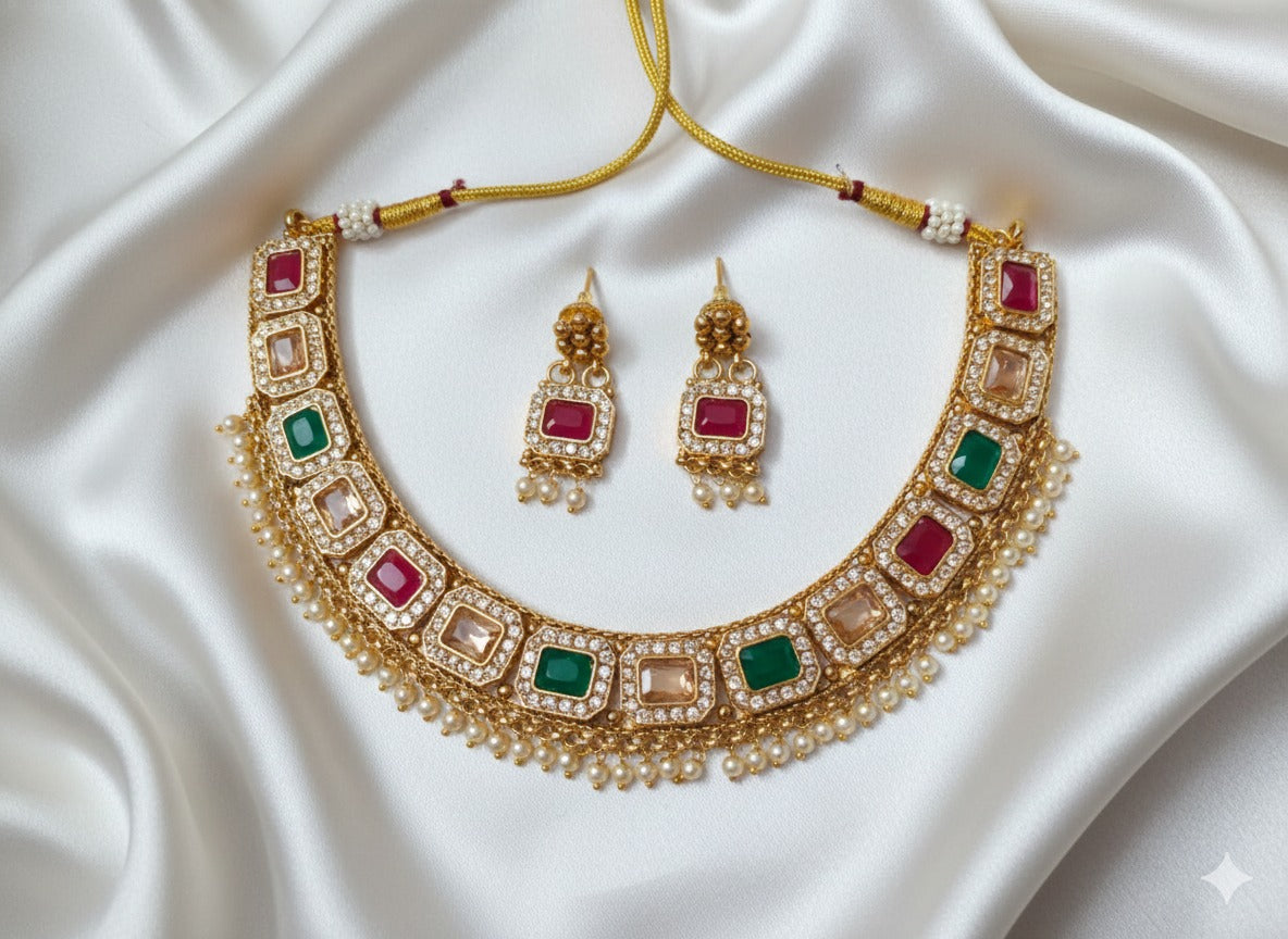 The Golden Glow LCD Square Stone Necklace with Earrings