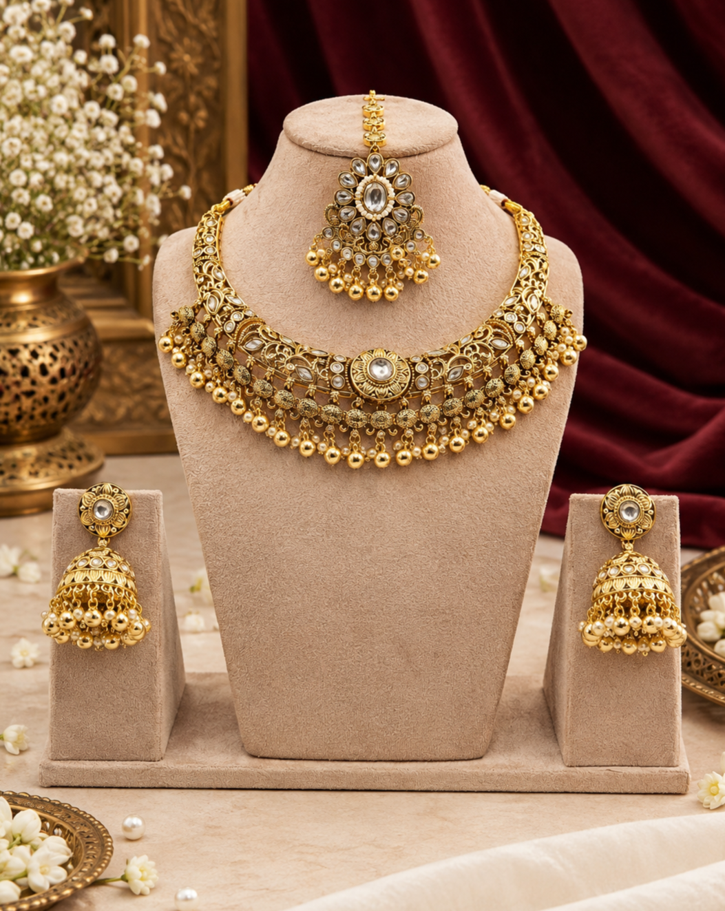Royal Carved Collar Necklace & Jhumka Set