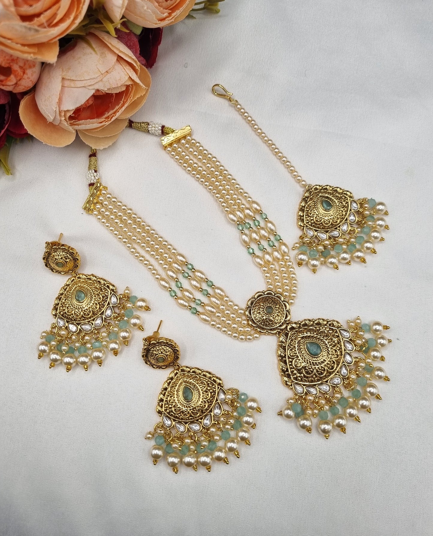 Antique Multi-Strand Pearl Necklace Set with Maangtikka & Earrings