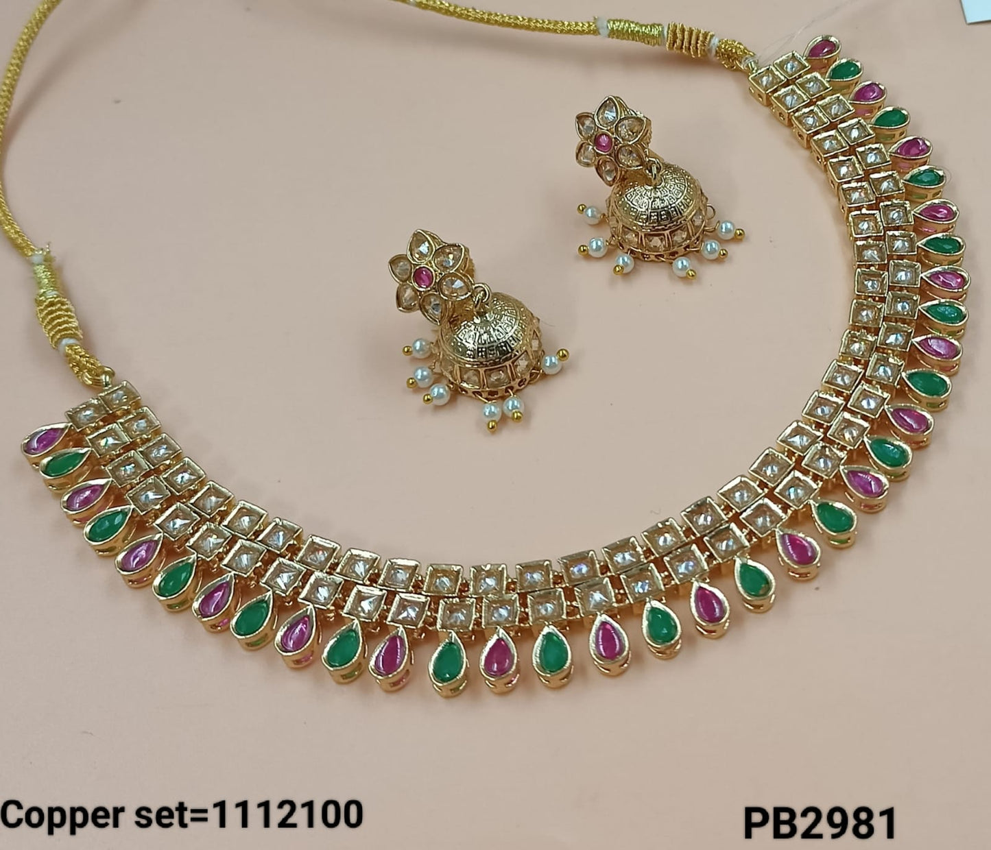 Gold Plated Kundan Stone Copper Jewellery Set
