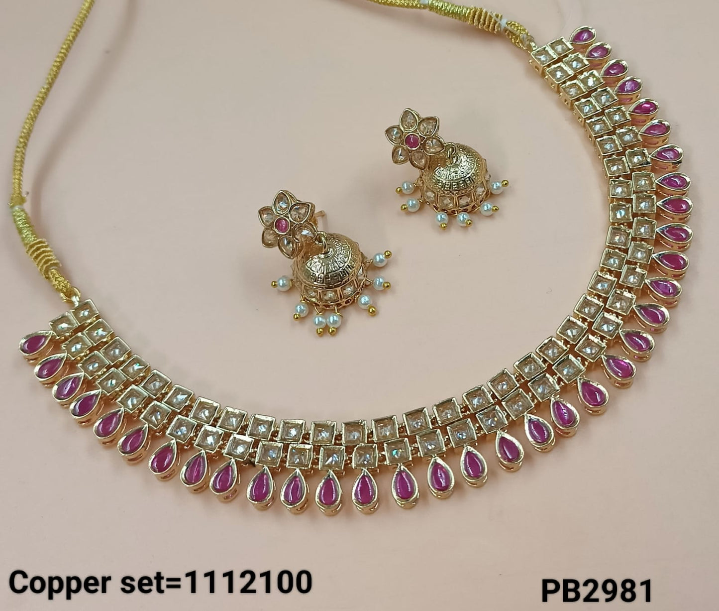 Gold Plated Kundan Stone Copper Jewellery Set