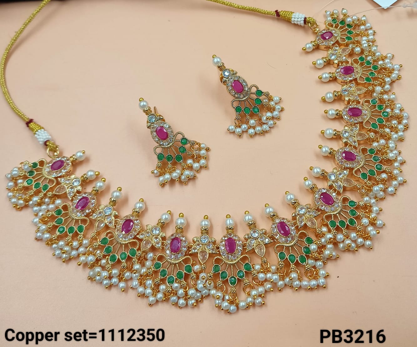 Gold Plated Kundan Stone Copper jewellery set