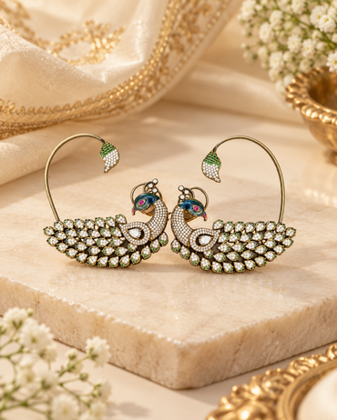 Ornate Peacock Ear Cuffs with Crystal Plumage