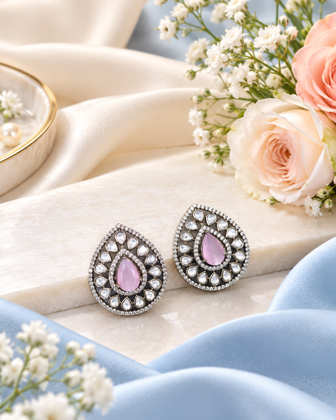 Teardrop Halo Stud Earrings with Polki-Style Accents