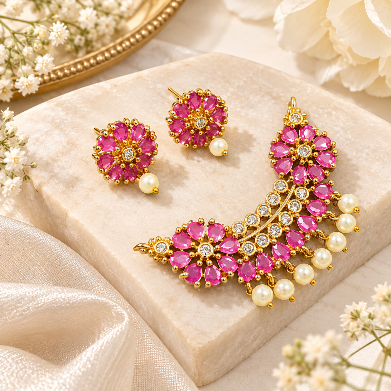 Elegant Kemp Stone Traditional Ruby & Emerald Pendant With Pearl Drops Studs