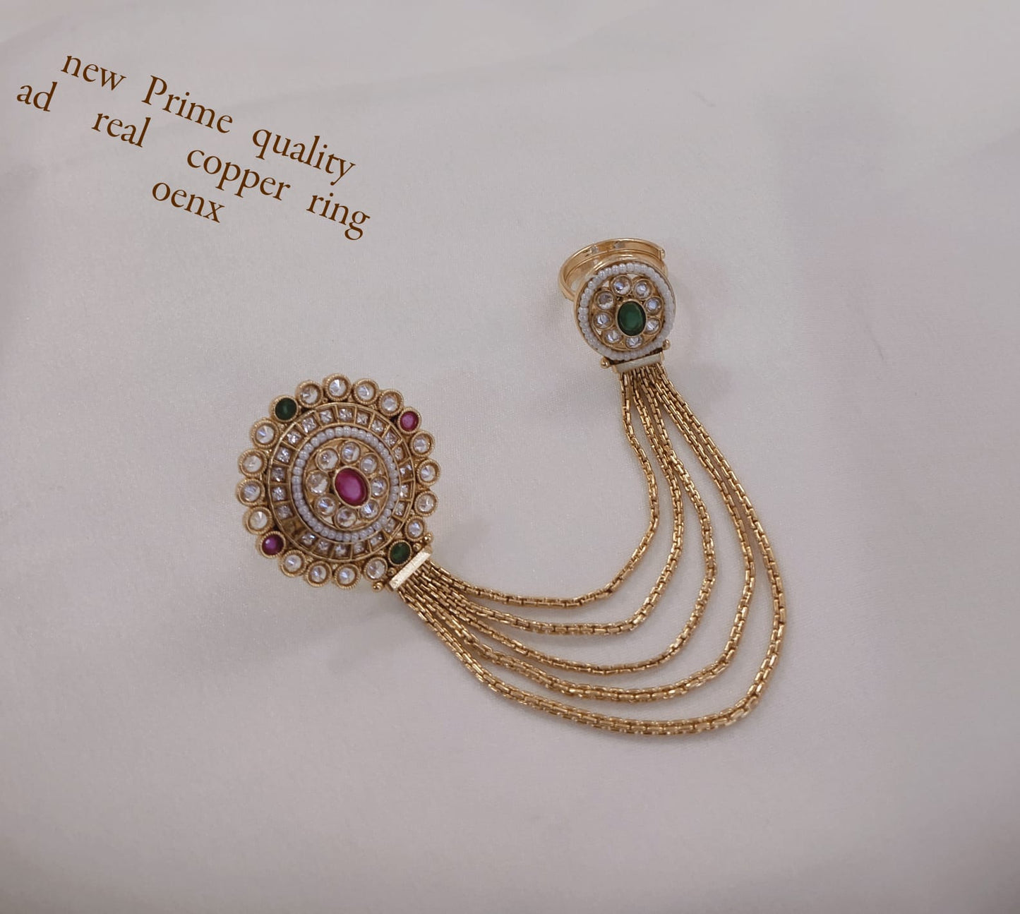Traditional AD Stone Hathphool Ring Bracelet – Copper Chain Hand Harness Jewelry