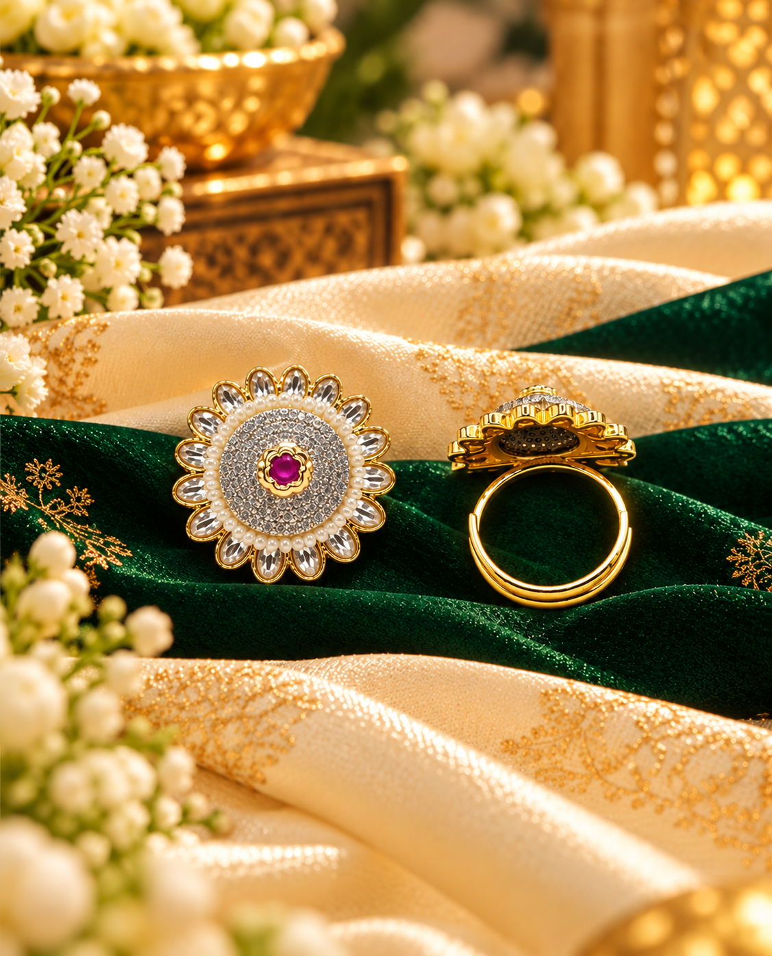 Sunburst Pave Medallion Ring with Pearl Border