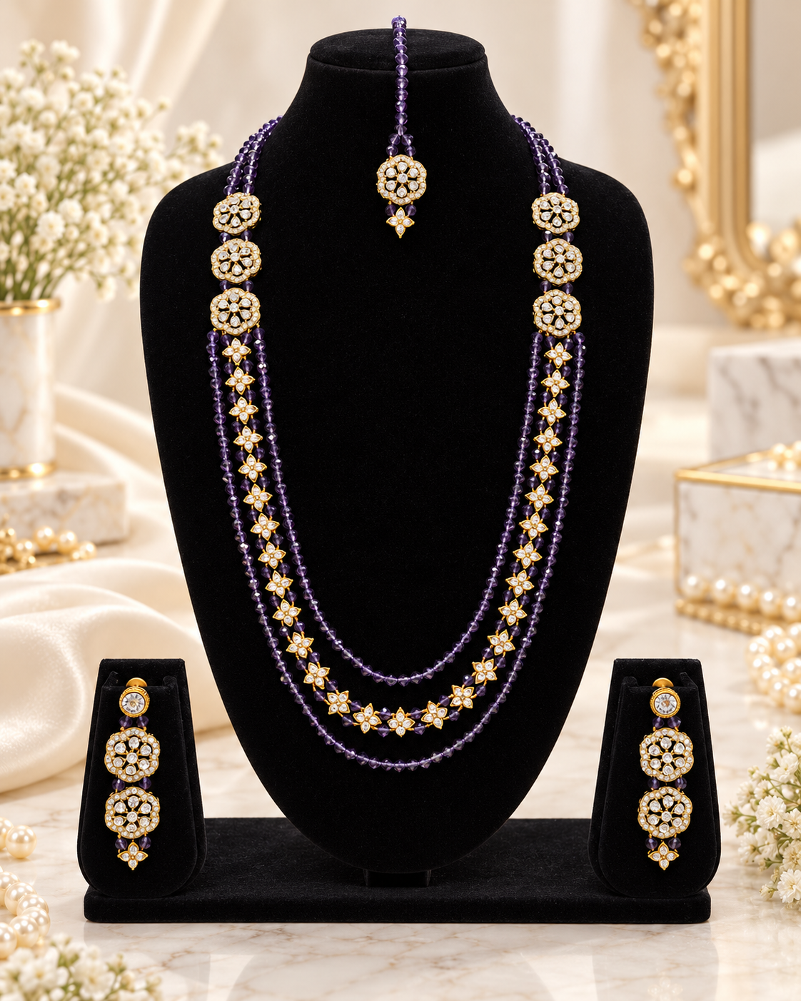 Elegant Crystal Rani Haar Jewellery Set with Matching Floral Drop Earrings and Tikka