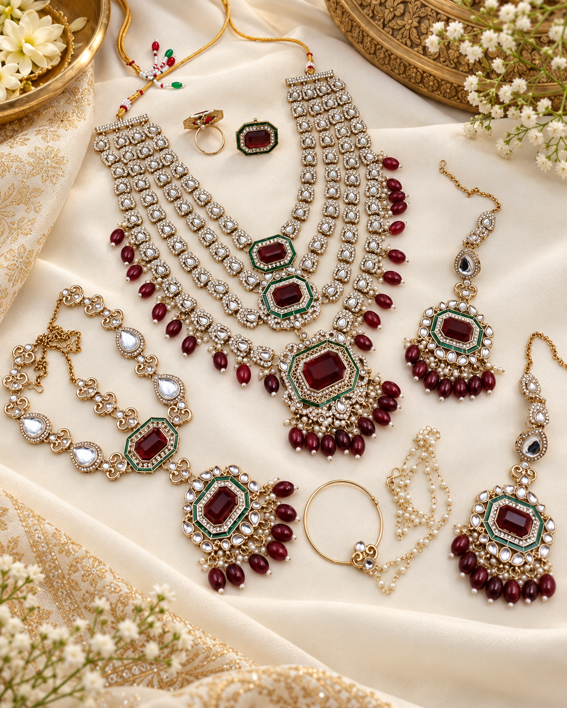 Kundan Layered Rani Haar Bridal Jewellery Set with Earrings, Matha Patti, Nath & Rings