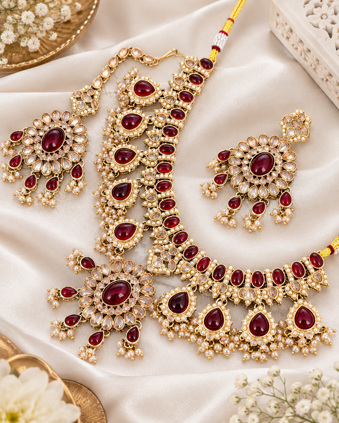 Heritage Pearl Cluster Drop Choker Necklace Set with Matching Studs & Tikka
