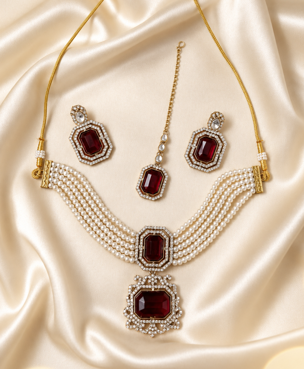 Traditional Pearl Choker Necklace Set with Matching Earrings and Maang Tikka Set