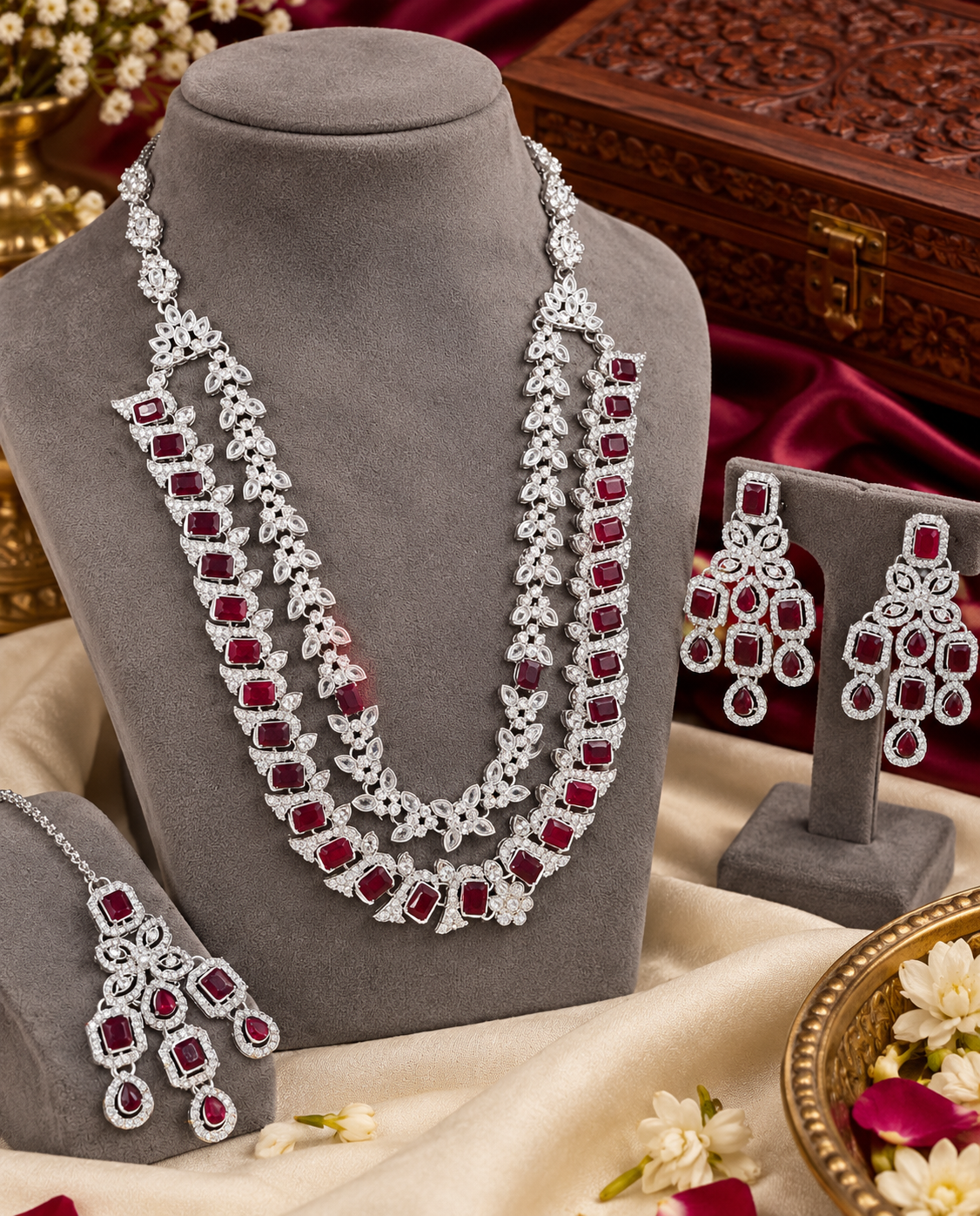 Double-Layer Necklace Set with Earrings and Maang Tikka